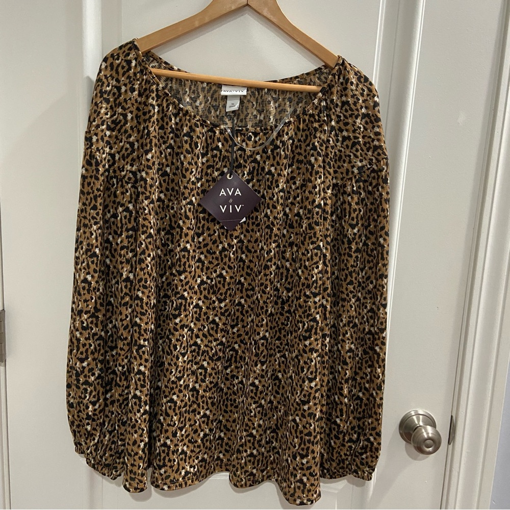 NWT Ava & Viv Long Sleeve Leopard Blouse, Size 1X